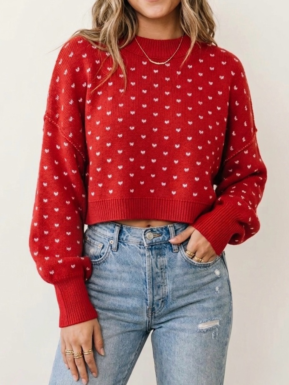 Free People Red and White Cropped Easy Street Sweater NWT Size Small